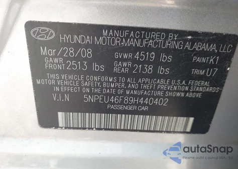 2009 Hyundai Sonata Se V6 из США, поврежденный, VIN 5NPEU46F89H440402